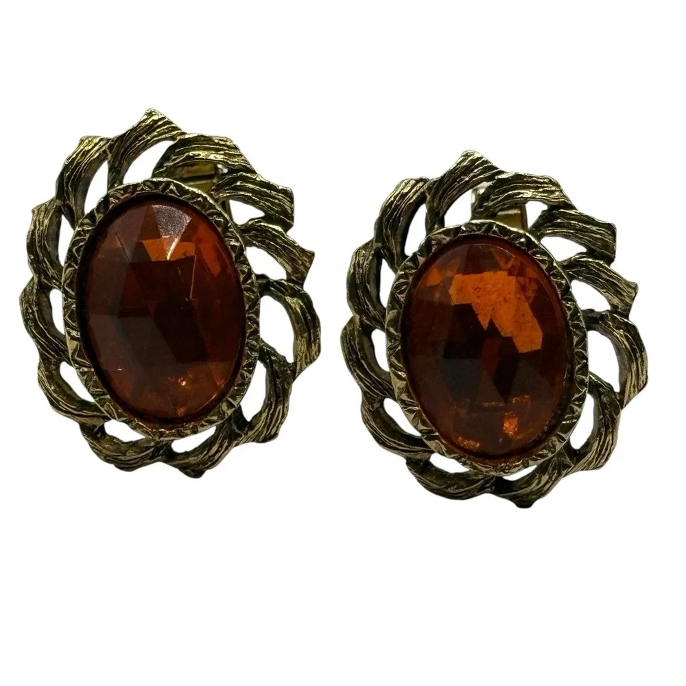 Vtg Cufflinks Harvey Avedon Orange Rhinestone Gold Tone US Pat‎ 2920363 Oval